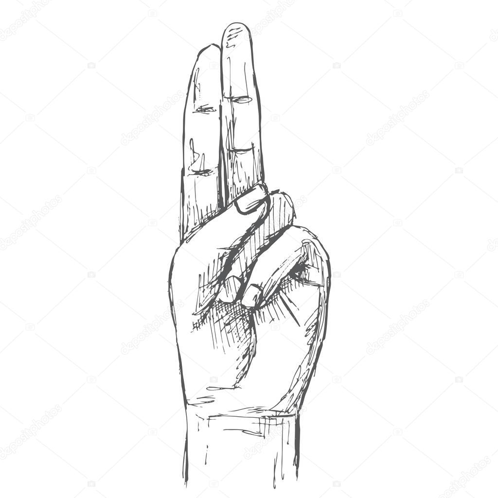 Hand, gesture. Two fingers up. Illustration in sketch style. Hand drawn vector illustrations.