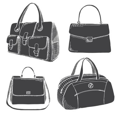 Farklı çanta, erkek, kadın ve unisex kümesi. Beyaz arka plan üzerinde izole çanta. Vektör çizim kroki tarzı.