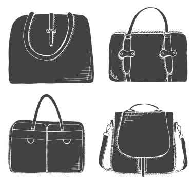 Farklı çanta, erkek, kadın ve unisex kümesi. Beyaz arka plan üzerinde izole çanta. Vektör çizim kroki tarzı.