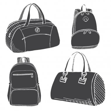 Farklı sırt çantaları, erkek, kadın ve unisex kümesi. Beyaz arka plan üzerinde izole sırt çantaları. Vektör çizim kroki tarzı.