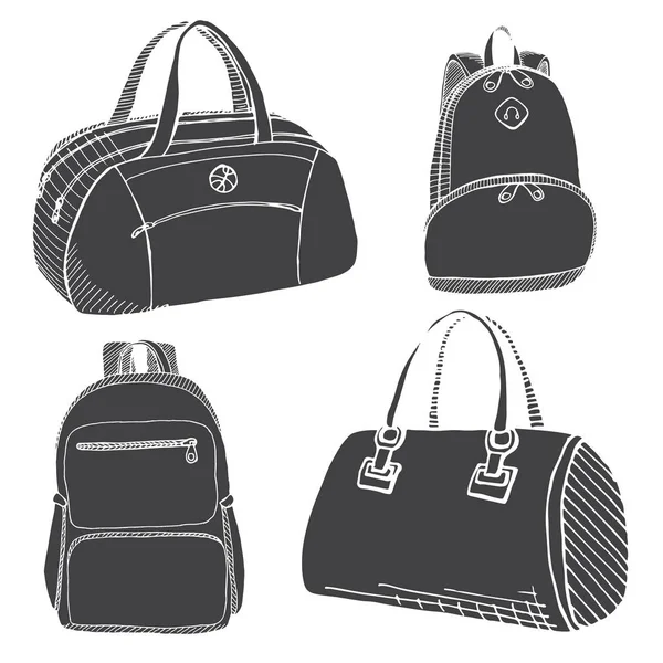 Farklı sırt çantaları, erkek, kadın ve unisex kümesi. Beyaz arka plan üzerinde izole sırt çantaları. Vektör çizim kroki tarzı.