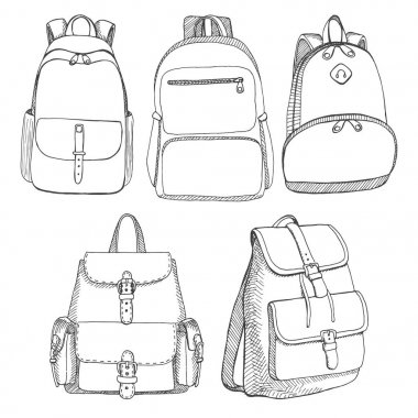 Farklı sırt çantaları, erkek, kadın ve unisex kümesi. Beyaz arka plan üzerinde izole sırt çantaları. Vektör çizim kroki tarzı.