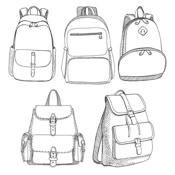 Conjunto de diferentes mochilas, hombres, mujeres y unisex. Mochilas aisladas sobre fondo blanco. Ilustración vectorial en estilo de boceto . — Vector de stock
