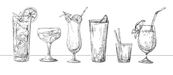 Set of different glasses, different cocktails. Vector illustration of a sketch style. — Stock Vector