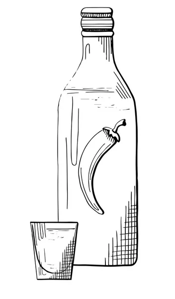 Botella de vodka. Boceto de cristal con vodka. Vector illus — Vector de stock