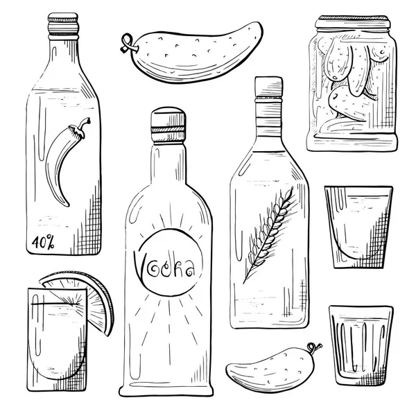Conjunto de garrafas, lanches para vodka. Copos de vodka. Pepino, pimenta, limão. Ilustração vetorial em estilo esboço —  Vetores de Stock