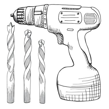 Set of screw gun, and wood drill. Tools illustration in vector s clipart