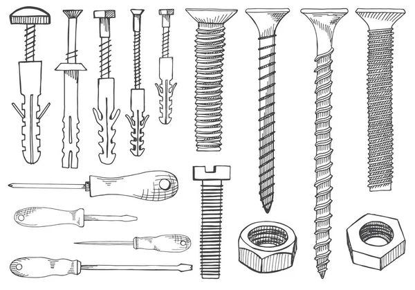 Uppsättning av verktyg och fästelement. Skruvmejsel, skiftnyckel, skiftnyckel, hex ke — Stock vektor