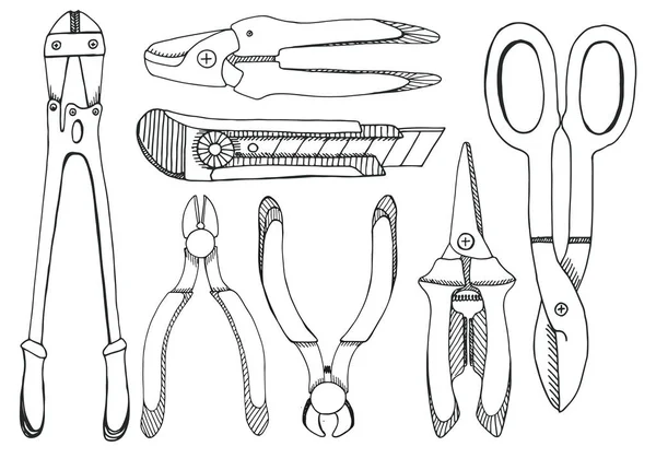 Conjunto de cuchillo de utilidad, alicates, tenazas y tijeras de podar. Demasiado. — Vector de stock