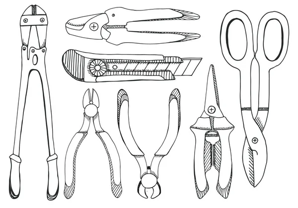 Segédprogrammal kés, fogók, csipeszek és metszésére olló halmaza. Túl — Stock Vector