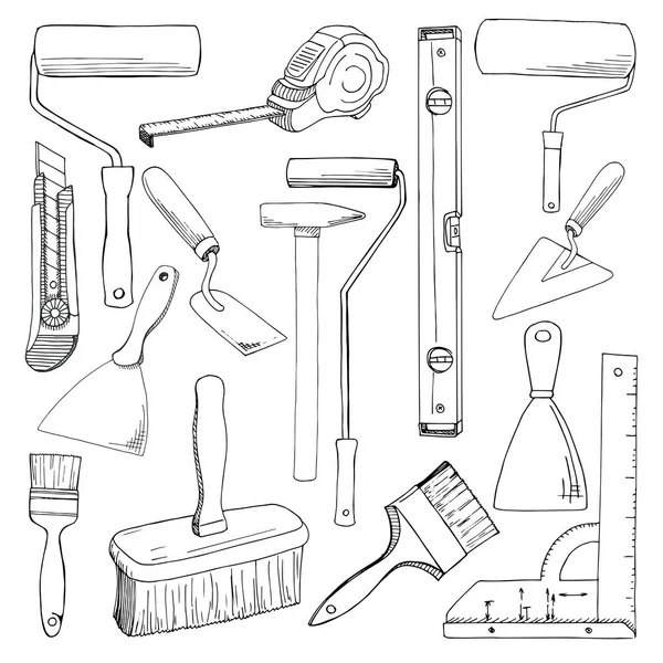Set outils peinture bâtiment. Différents outils isolés sur fond blanc. Illustration vectorielle dessinée à la main d'un style de croquis . — Image vectorielle