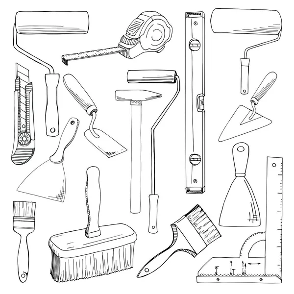 Setați unelte pictura clădire. Diferite instrumente izolate pe fundal alb. Ilustrație vectorială desenată manual a unui stil de schiță . — Vector de stoc