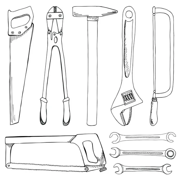 Conjunto de ferramentas, hardware. Diferentes ferramentas metálicas isoladas em fundo branco. Ilustração vetorial desenhada à mão de um estilo de esboço . — Vetor de Stock