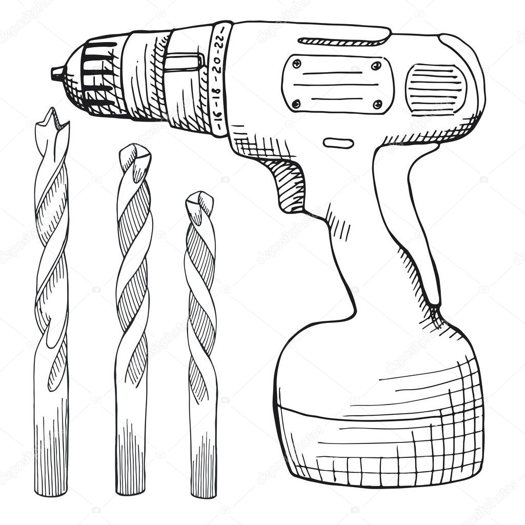 Set of screw gun, and wood drill. Tools illustration in vector s