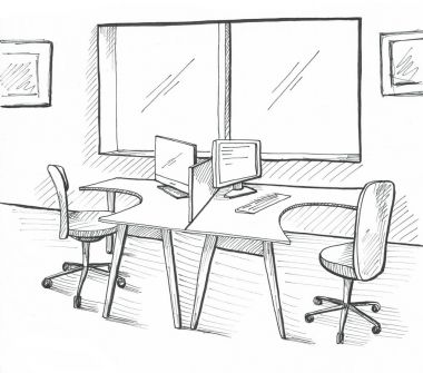 Açık alan ofis. İşyerleri açık havada. Masalar, sandalyeler. İllüstrasyon kroki tarzı.