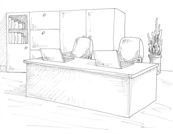 コンピューターで職場。机、オフィスの椅子、2 つのラップトップ。ペンでスケッチします。. — ストック写真