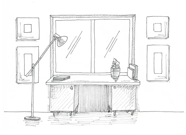 Mesa junto à janela. Lâmpada de chão ao lado da mesa. Esboço do interior em tinta preta . — Fotografia de Stock
