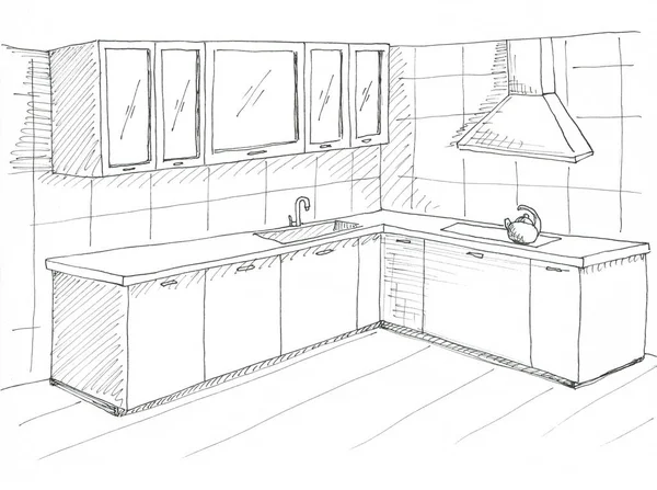 Ręcznie rysowane meble kuchenne. Szkic z piórem. — Zdjęcie stockowe