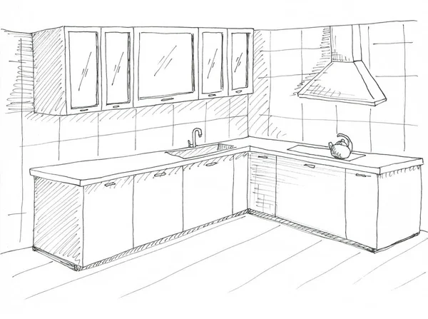 Hand drawn kitchen furniture. Sketch with a pen.