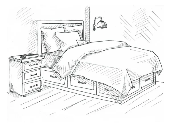 Dibujo dibujado a mano. El bosquejo lineal del interior. Bosquejo línea dormitorios . —  Fotos de Stock