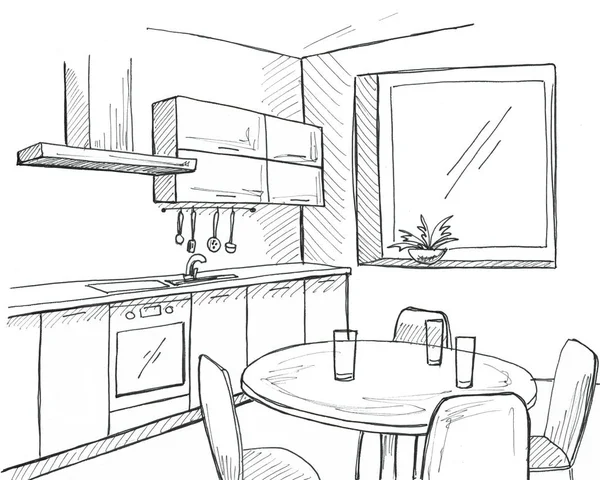 手绘厨房与窗口。用钢笔素描. — 图库照片