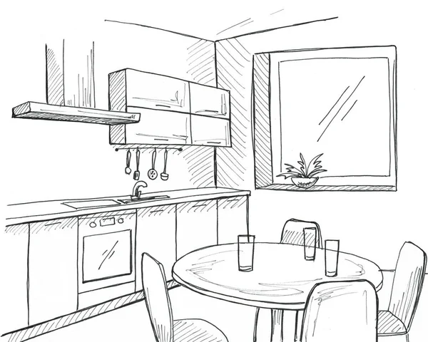 Hand drawn kitchen with a window. Sketch with a pen.