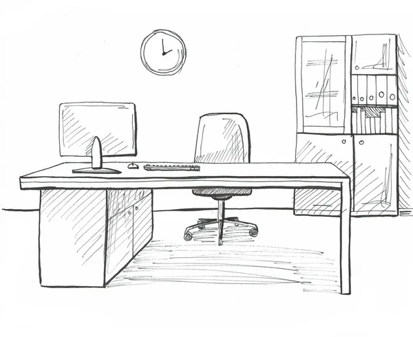 Office in a sketch style. Hand drawn office furniture