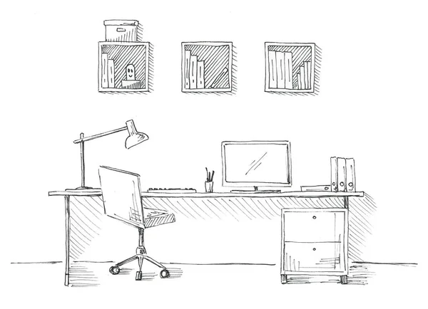 Sketch the room. Office chair, desk, various objects on the table. Sketch workspace. — Stock Photo, Image