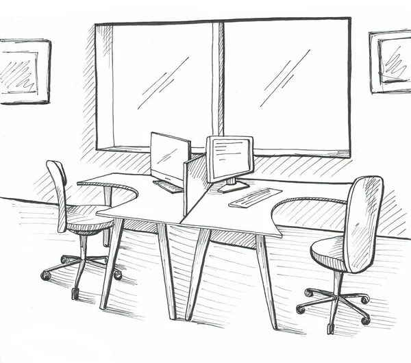 Ανοιχτό χώρο στο γραφείο. Θέσεις εργασίας σε εξωτερικούς χώρους. Τραπέζια, καρέκλες. Απεικόνιση σε στυλ σκίτσο. — Φωτογραφία Αρχείου