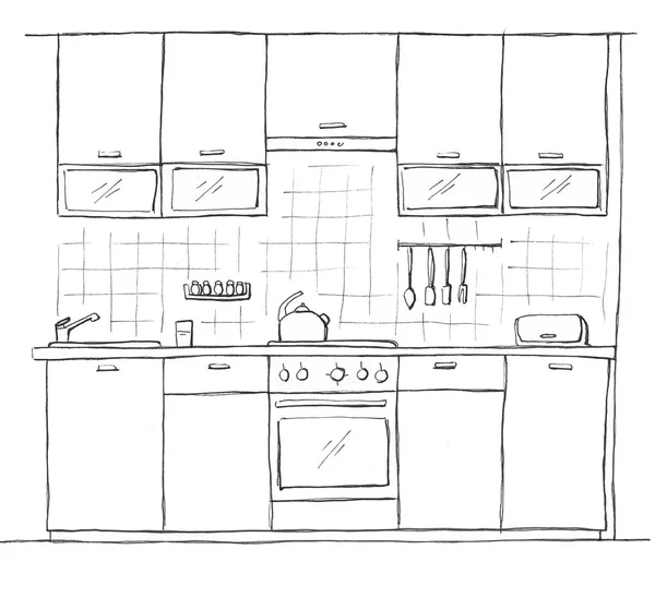 Hand drawn kitchen furniture. Sketch with a pen.