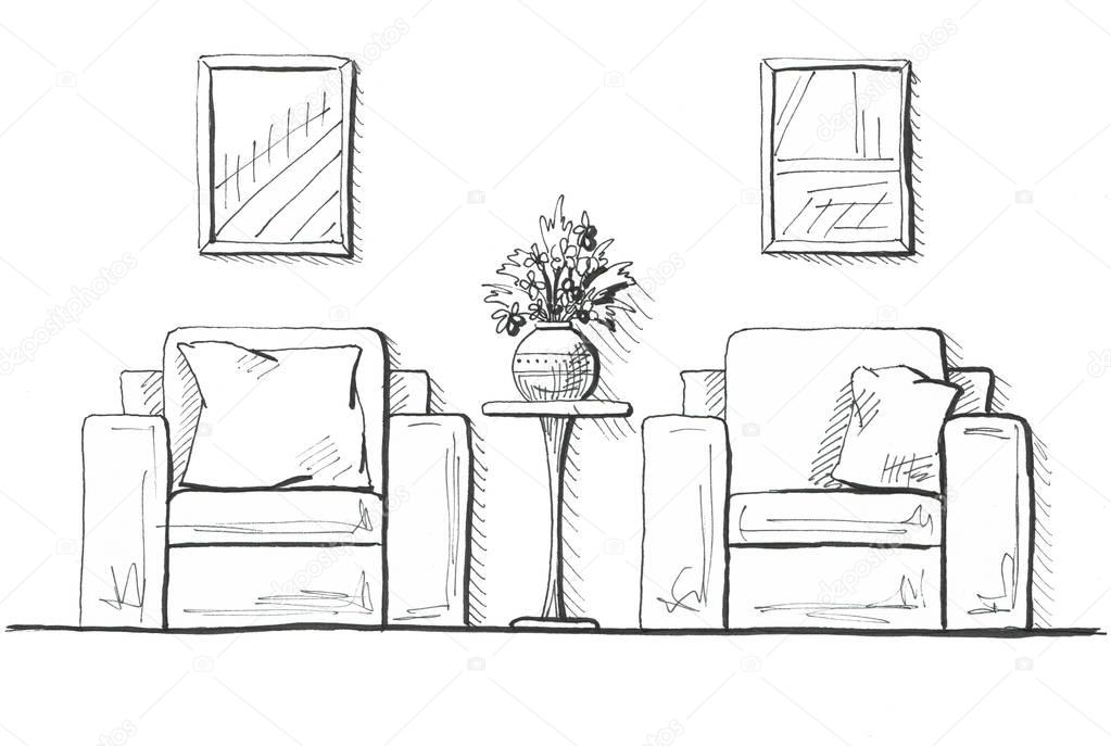 Two armchairs and a high table. Vase with flowers on the table. Hand drawn interior. Illustration in sketch style