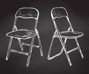 İki katlanır sandalye tebeşirle çizilmiş bir kara tahta el. Vektör çizim bir kroki tarzı.