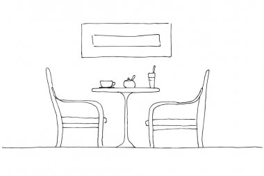 İki koltuk ve bir tablo. Masada bir kupa, bardak ve bir şekerlik işte. Çizilmiş vektör çizim el