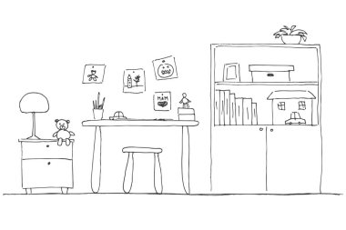 İşyeri çocuk için. Çocuk odası. Çizilmiş vektör çizim el.