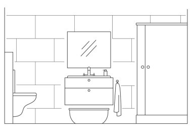 Nereye gidiyorsun? Duş, ayna, tuvalet. Vektör çizim lineer tarzda.