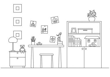 Çocuk odası. Odanın köşesinde bir dolap, Masa, sandalye yanında bir yatağım. Bir çizgi stili resimde vektör