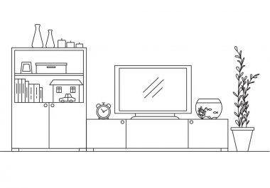 Doğrusal iç bir dolap, Tv ve akvaryum. Vektör çizim.