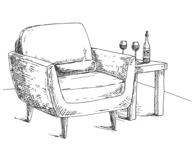 Koltuk, sehpa ile bir bardak ve şişe. Bir kroki tarzı çizilmiş vektör çizim el.
