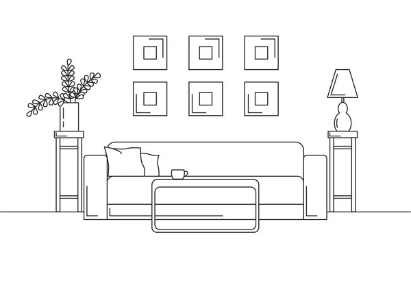 Sofá, mesa, jarrón con flores. Mesita de noche, lámpara de escritorio. Esbozo lineal del interior en un estilo moderno . — Vector de stock