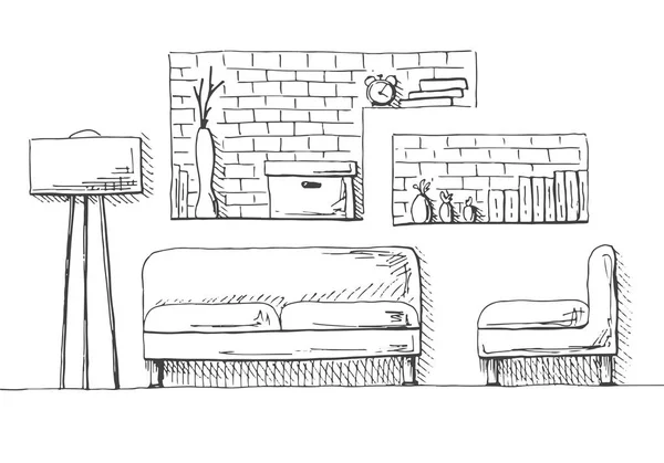 Canapé, fauteuil et lampadaire. Mur en brique avec étagères. Illustration vectorielle d'un style de croquis . — Image vectorielle