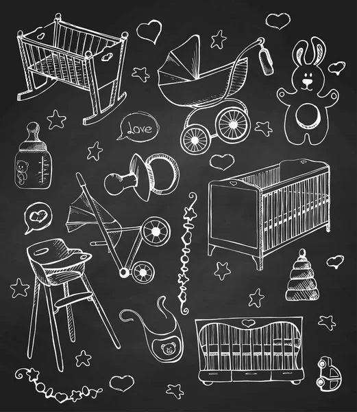 Set di mobili per bambini disegnato a mano su una lavagna. Schizzo diverso per culle e carrozzine . — Vettoriale Stock
