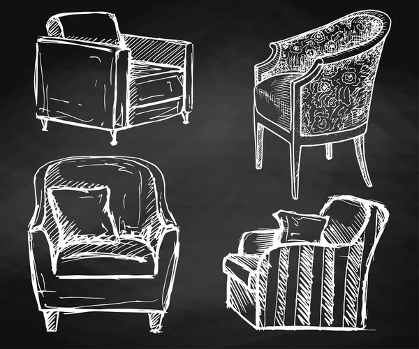 Conjunto de sillones dibujados a mano tiza en una pizarra. Ilustración vectorial en un estilo de boceto . — Vector de stock