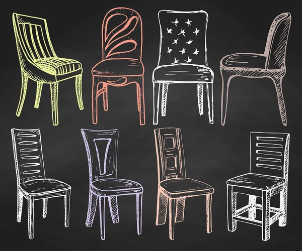 Set di sedie in gesso verniciato su lavagna. Illustrazione vettoriale — Vettoriale Stock