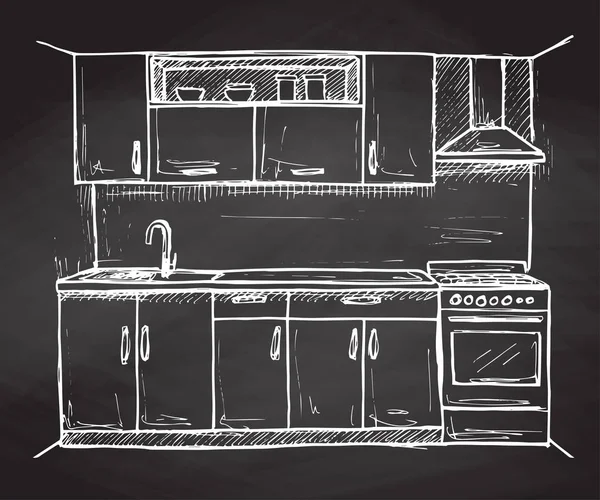 Mão desenhado mobiliário de cozinha moderna. Ilustração vetorial em estilo esboço —  Vetores de Stock