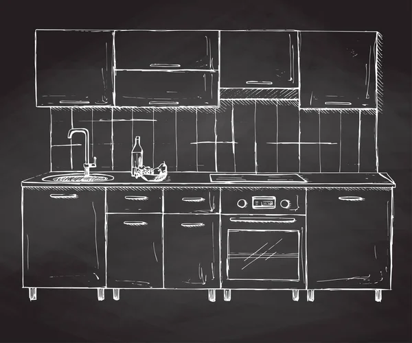 Elle çizilmiş modern mutfak mobilya. Vektör çizim kroki tarzı — Stok Vektör
