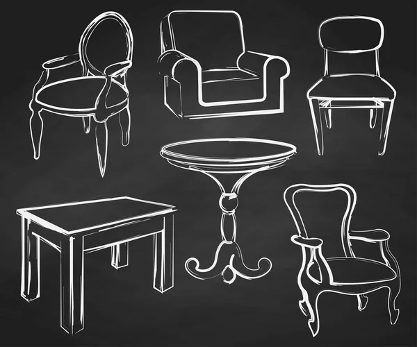 Conjunto de bocetos muebles aislados. Sillas y mesas diferentes. Tiza dibujada en una pizarra. Ilustración vectorial en un estilo de boceto . — Vector de stock