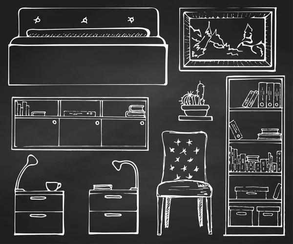 Sketch set isolated furniture. Hand drawn chalk on a chalkboard.Vector illustration in a sketch style. — Stock Vector