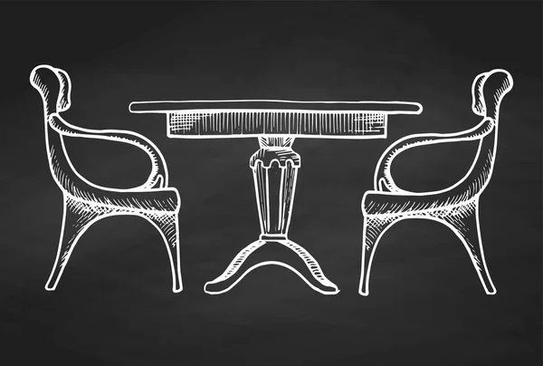 Twee stoelen en een tafel. Hand getrokken krijt op een bord. Vectorillustratie in de stijl van een schets. — Stockvector