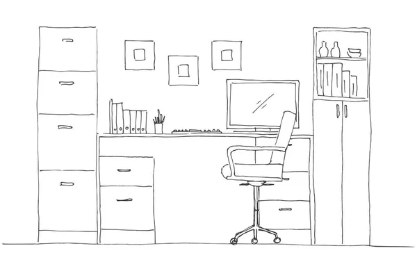 部屋をスケッチします。オフィスの椅子、机、テーブルの上のさまざまなオブジェクト。ワークスペースをスケッチします。ベクトル図 — ストックベクタ
