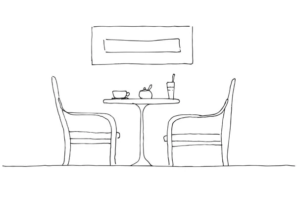 Dos sillones y una mesa. En la mesa hay una taza, un vaso y un azucarero. Ilustración vectorial dibujada a mano — Archivo Imágenes Vectoriales